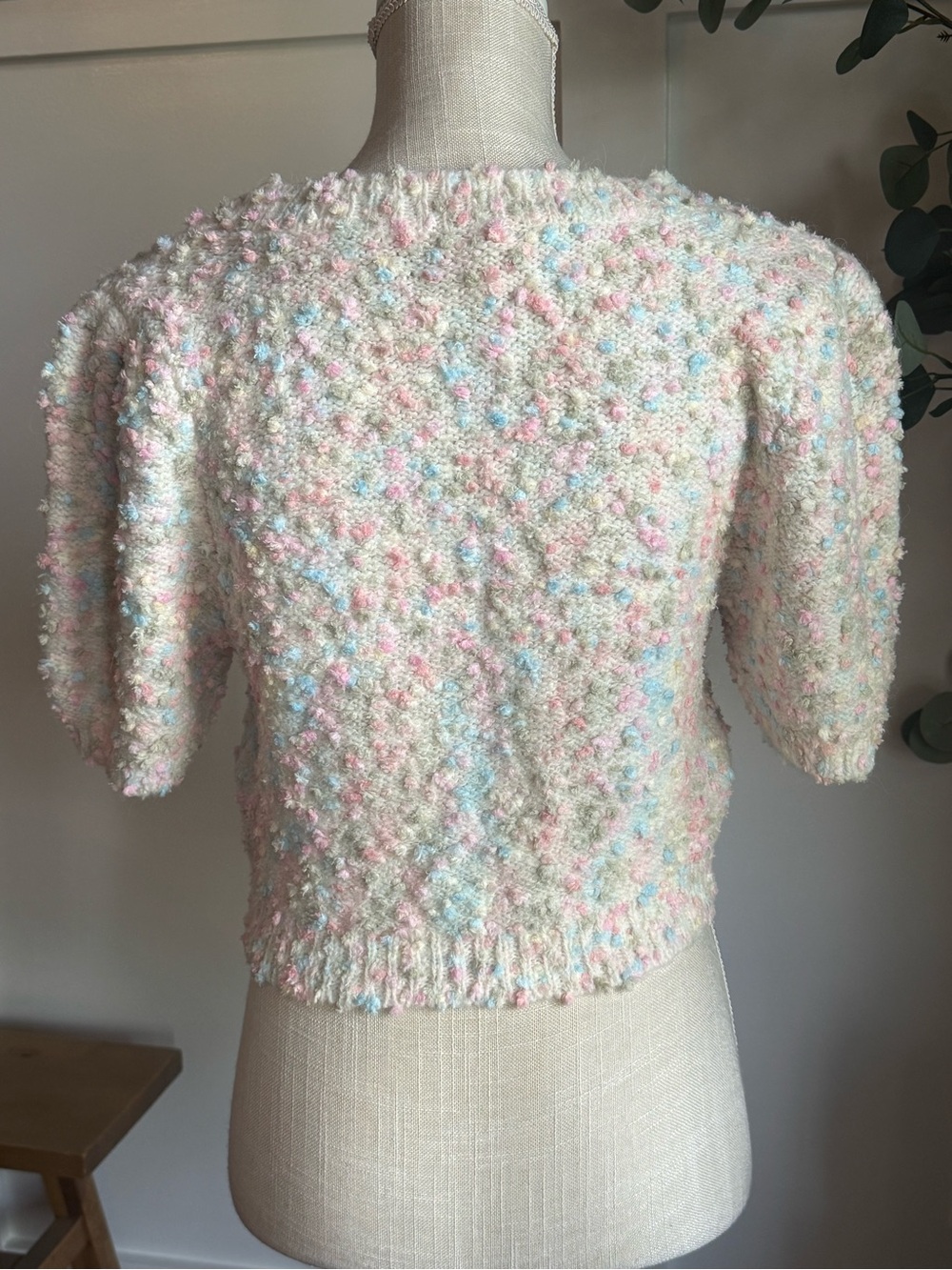 Day + Moon Pastel Bouclé Short-Sleeve Sweater - Cream with Pink & Blue Accents - Picture 2 of 3